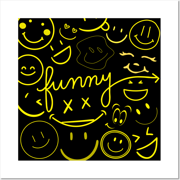 Smiley Face - Yellow Print Collection of Smiley Faces Cute T-shirts black Background Funny Funky Style Cool Art Creative Wall Art by GoodyL